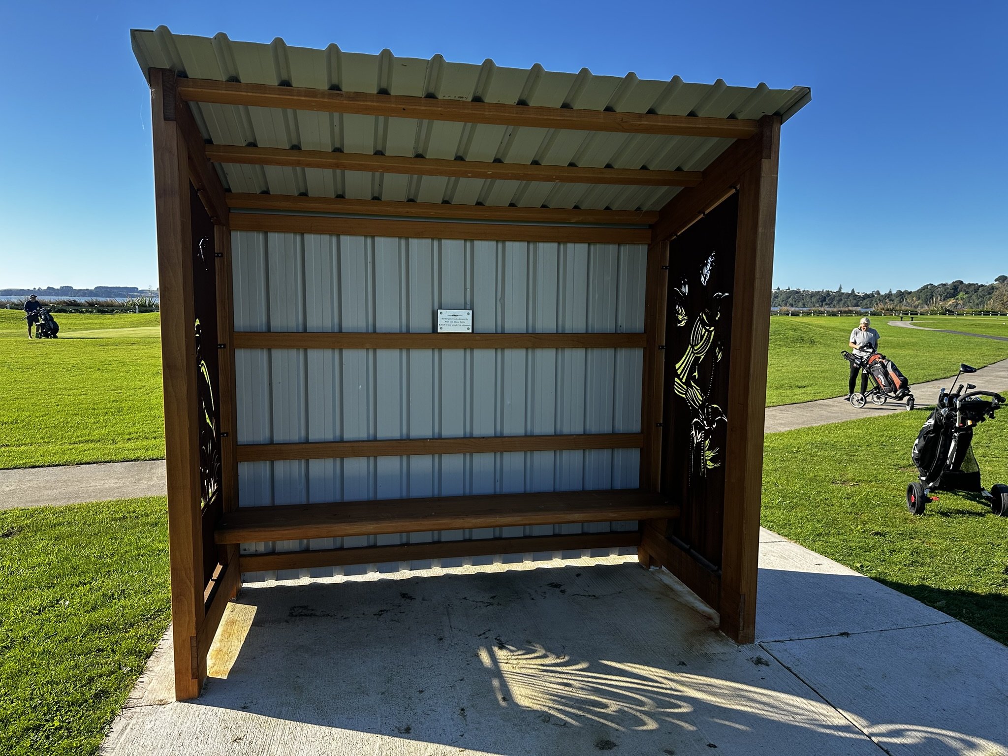 Glulam timber shelter at Omokaroa golf course.