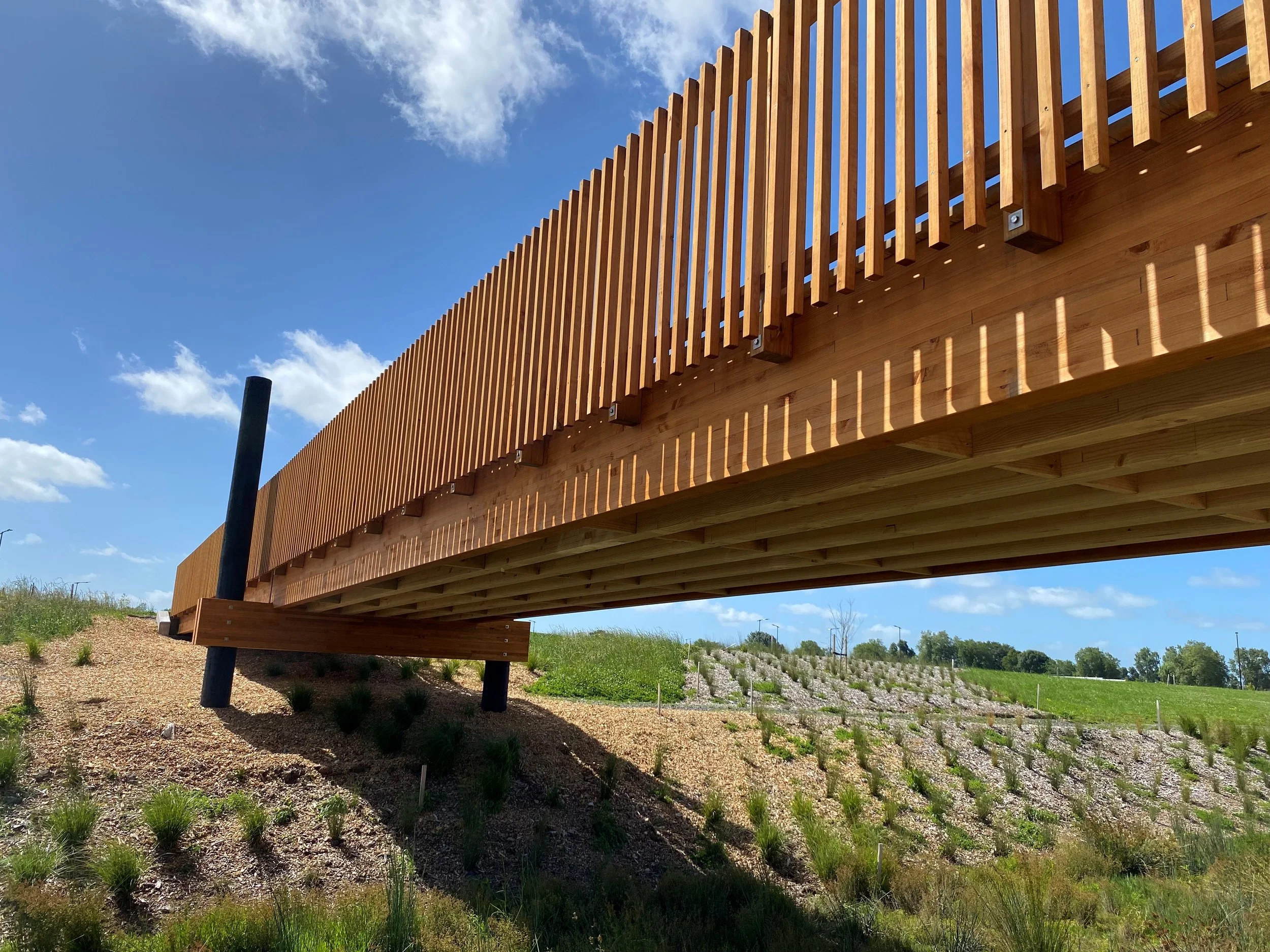 A glulam timber bridge at Bridleways Estate.