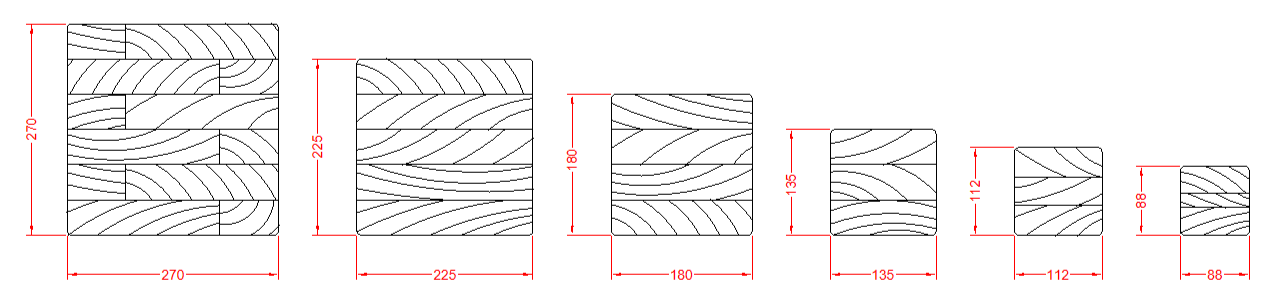 Glulam timber post specifications illustrating different sizes and measurements.