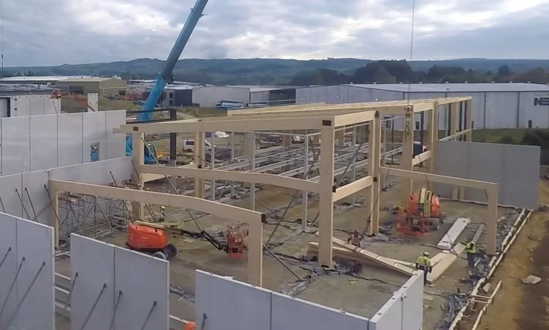 Construction site with steel framework and wall panels being assembled, workers in safety gear, and a crane in an industrial area with mountains in the background.
