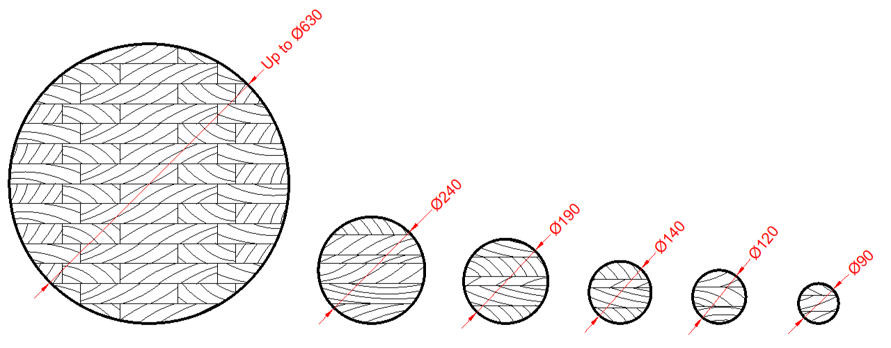 Glulam timber round specifications with varying diameters
