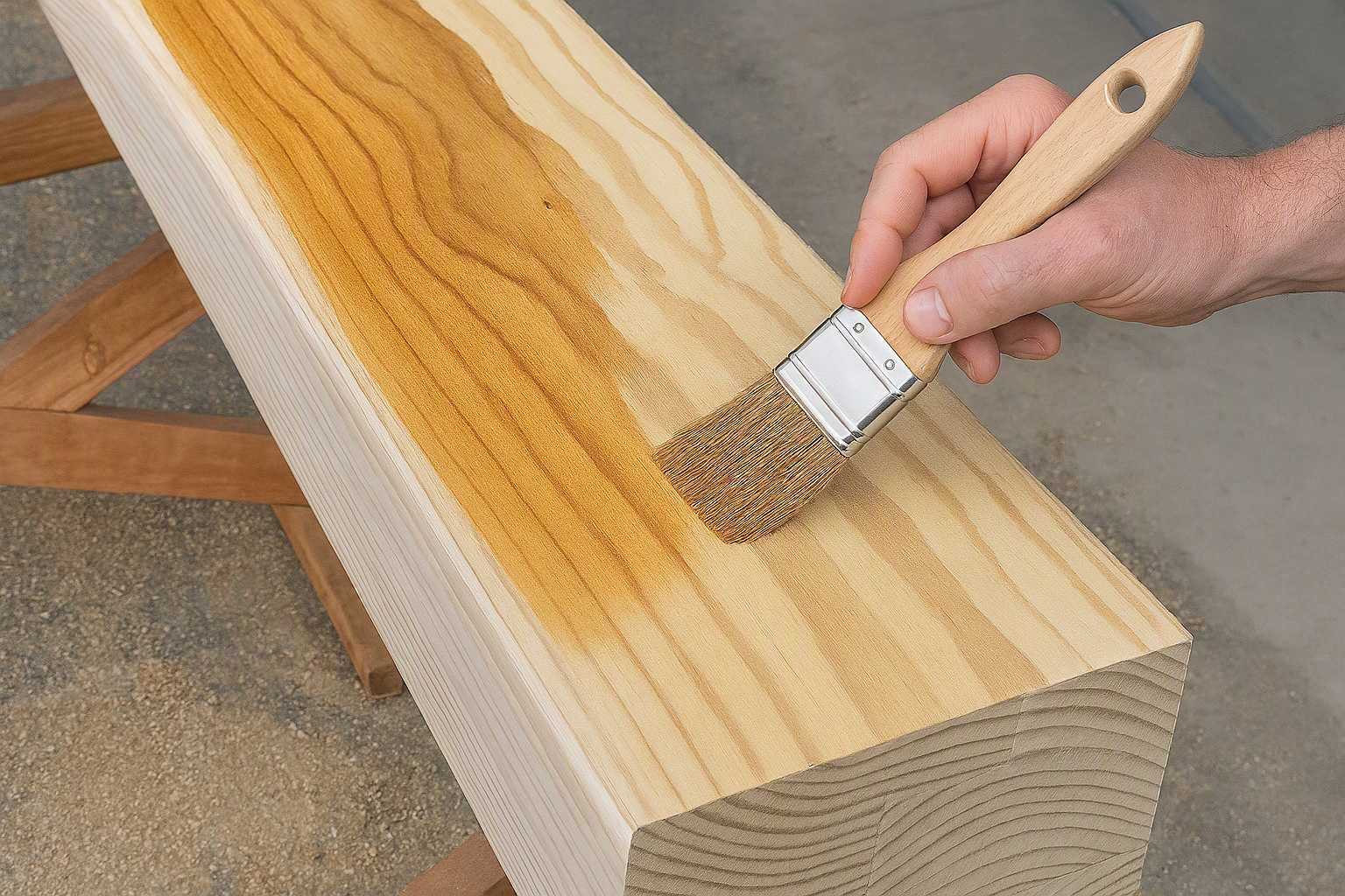 A person applying a clear finish sealer to a wooden plank with a paintbrush.