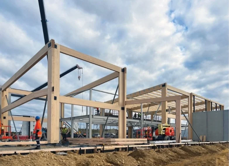 Robotics Plus construction site with glulam timber framing