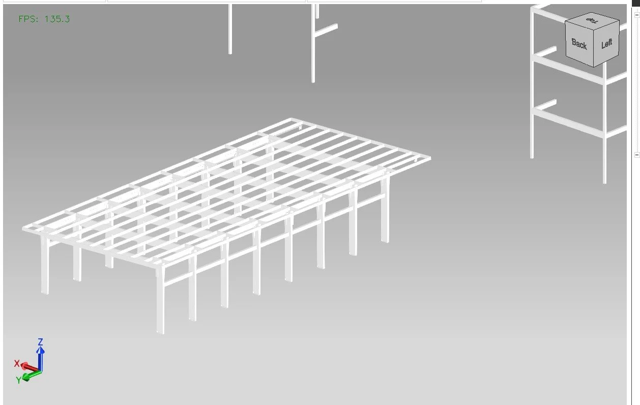 A 3D rendering of a wireframe rectangular table and a shelving unit with a box on top, set against a gray background.