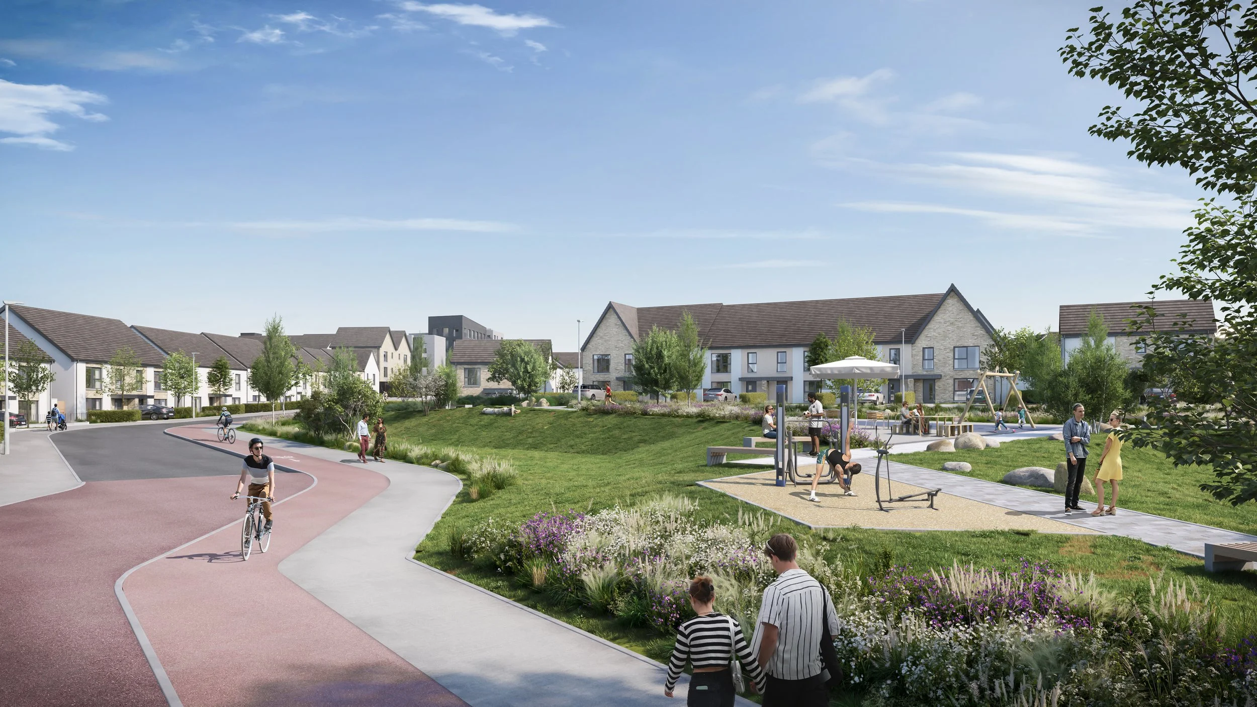 A landscaped residential park with people walking, biking, and exercising on a sunny day, featuring a playground, walking paths, and green grass.