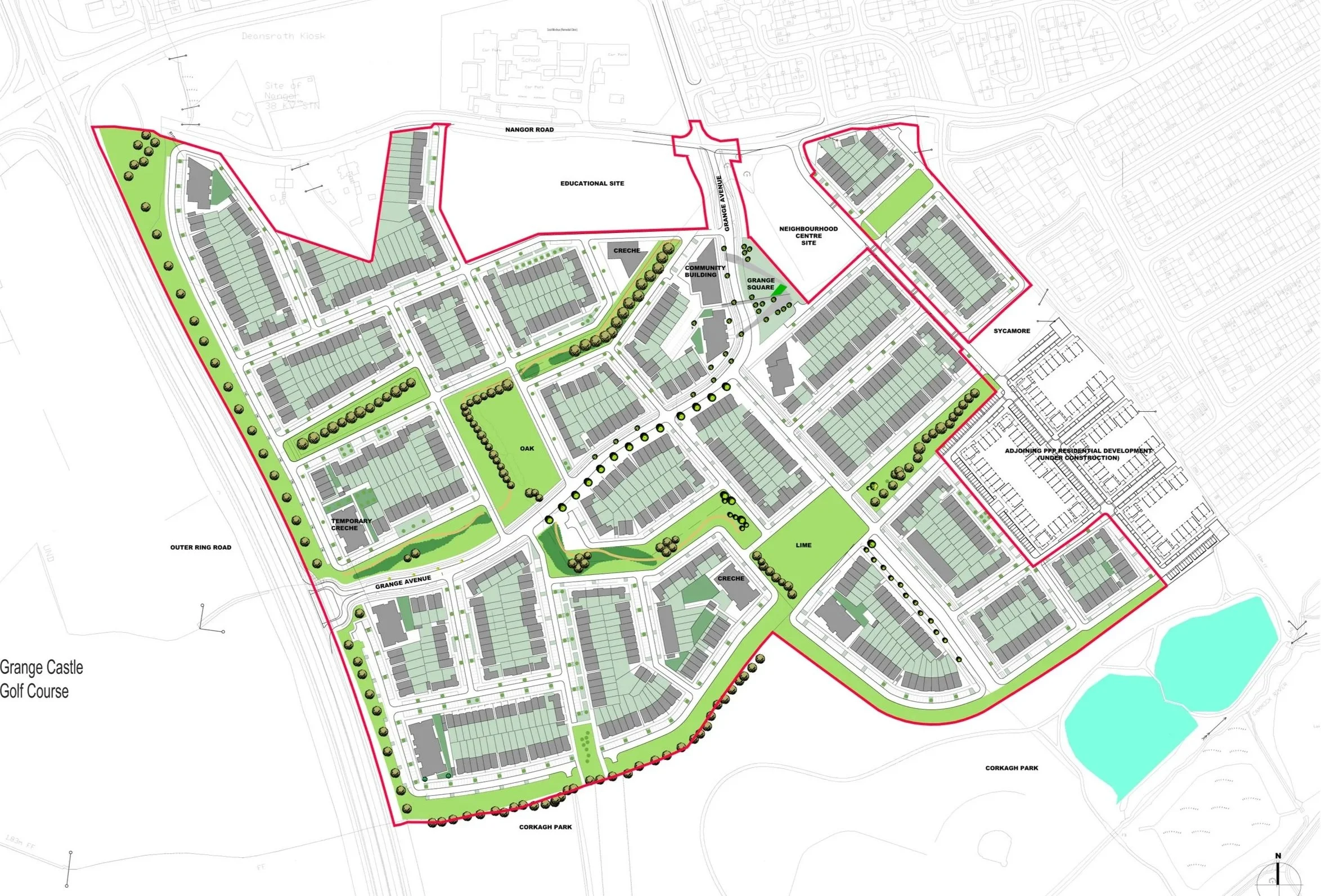 A detailed masterplan of a residential development project showing streets, green spaces, parks, community buildings, and boundary lines, with labels for key areas like Grange Avenue, Oak, Lime, Corkagh Park, and several creches.