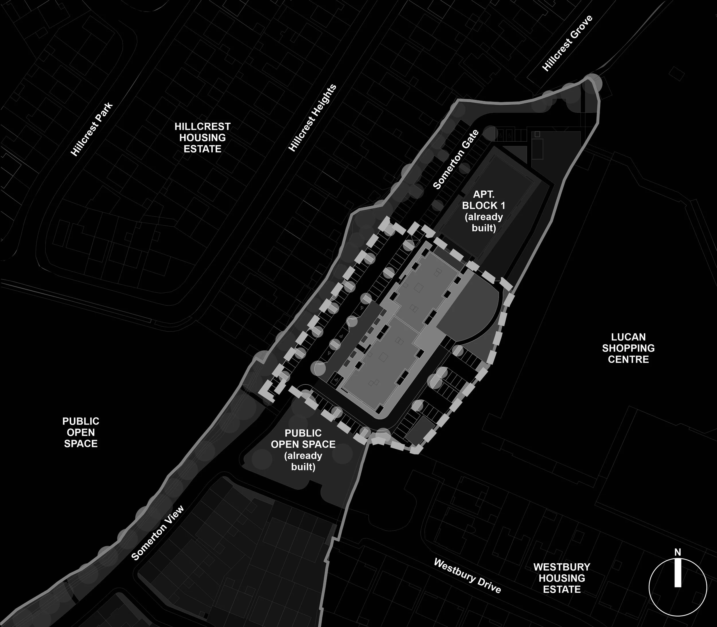 Black and white site plan showing a residential complex with labeled areas including a housing estate, shopping centre, open spaces, nearby roads, and surrounding housing estates. North direction indicated at bottom right.