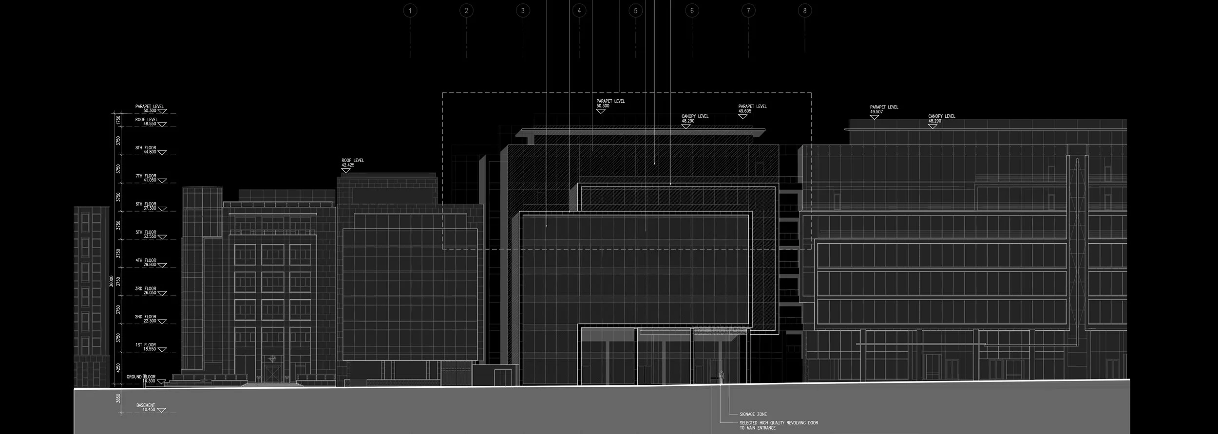 Architectural blueprint of a multi-story building with labeled levels, windows, and structural details.