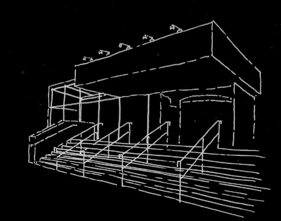Architectural wireframe drawing of a modern multi-level building with outdoor staircase, railings, and partial roof structure.