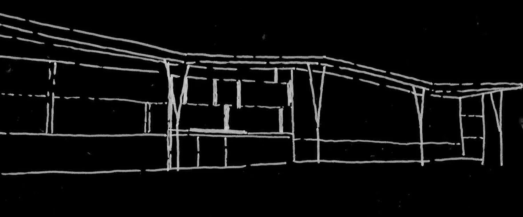 Architectural blueprint sketch of a building structure with multiple levels and support beams on a black background.