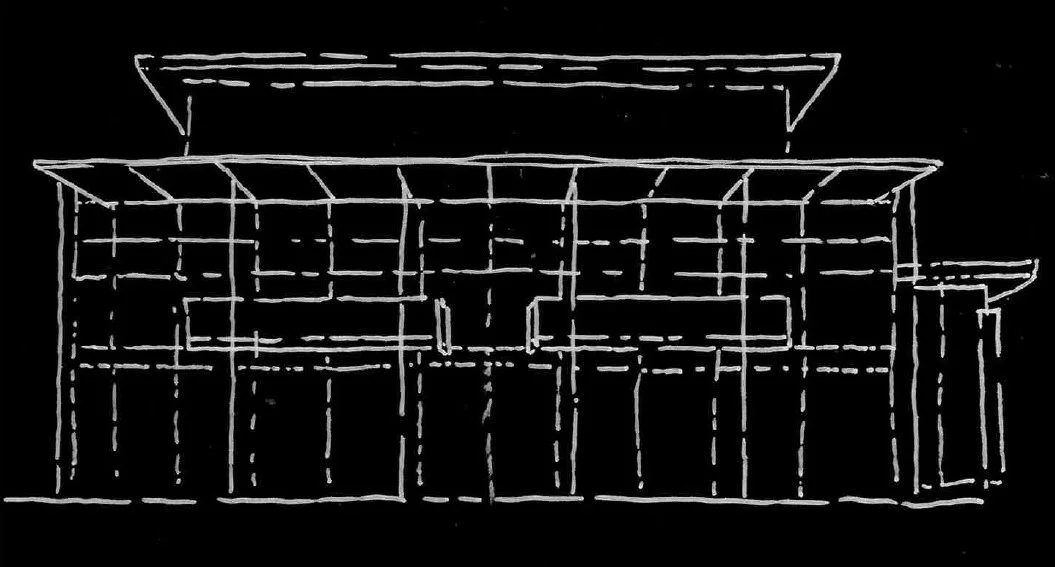Architectural blueprint of a building facade with multiple windows and doors