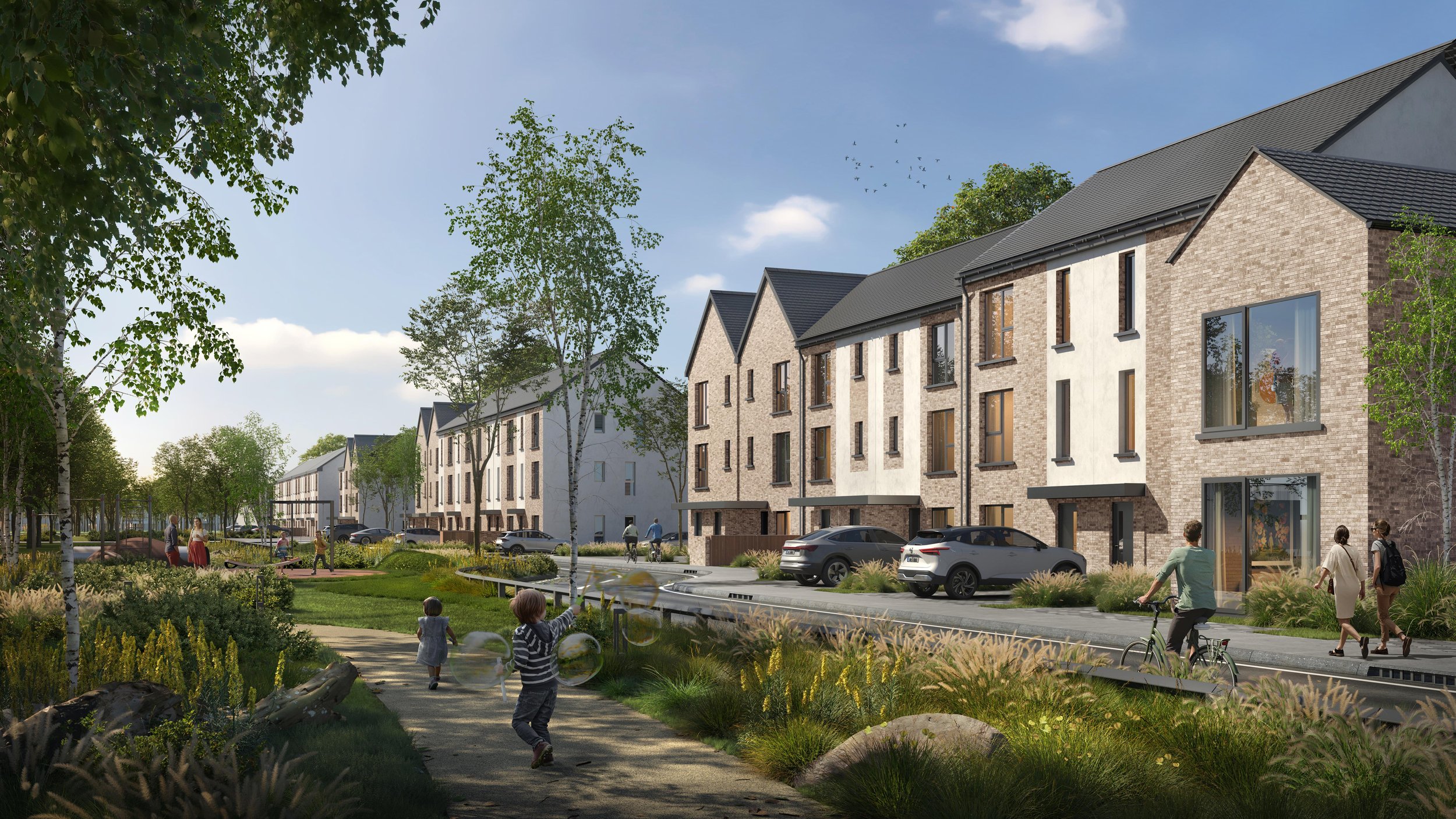 A peaceful suburban neighborhood with modern townhouses, children playing with bubbles on a grassy park, adults walking and cycling, trees, and parked cars on a sunny day.