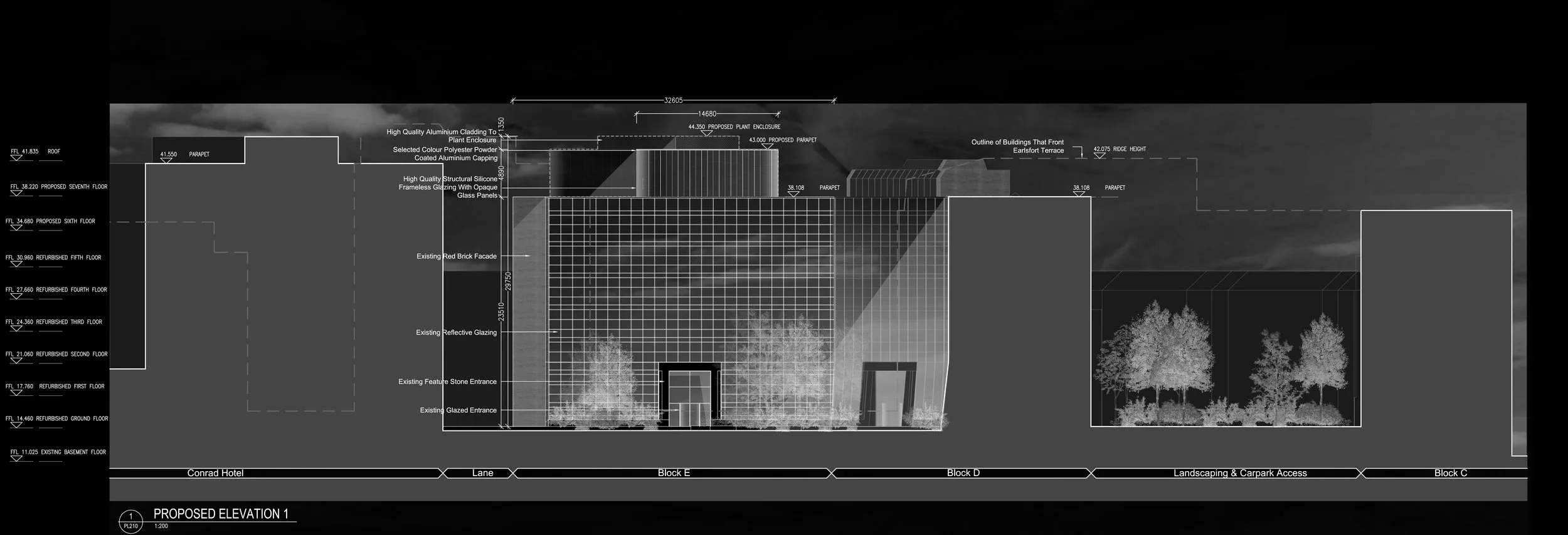 Architectural drawing of a proposed building elevation with detailed labels and measurements, including glass panels, brick facade, trees, and existing building features.