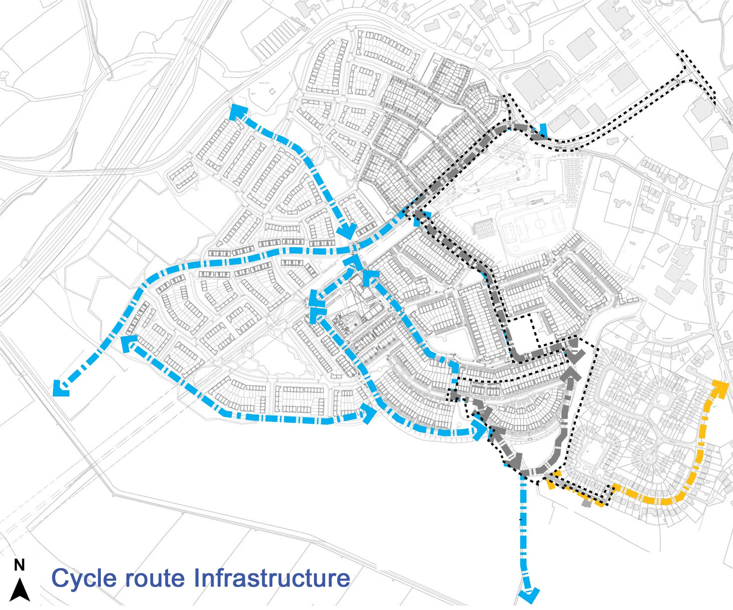 A city map showing different cycle route infrastructures with various colored dashed lines and arrows indicating directions. Blue lines for main routes, black lines for secondary routes, and a yellow line for a specific route. The map also includes streets, residential areas, and landmarks, with a north arrow and a title 'Cycle route Infrastructure' at the bottom left.