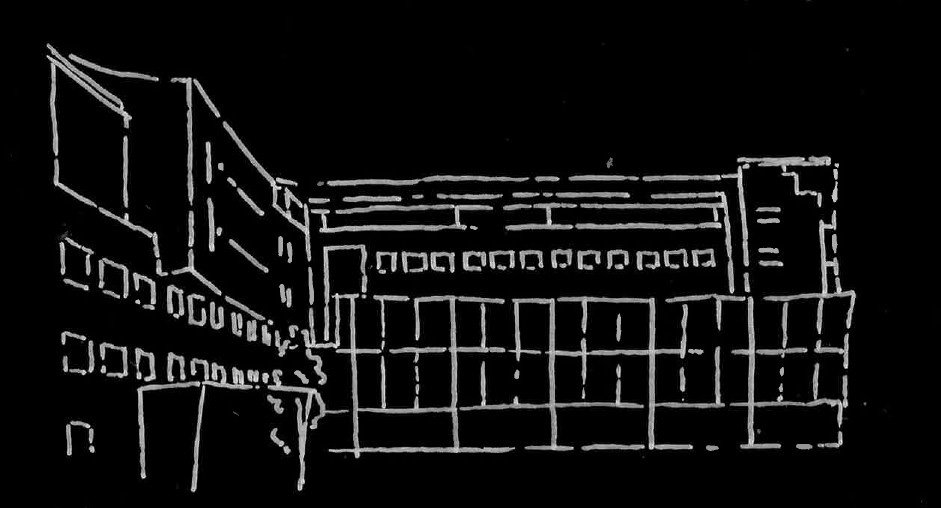 Line drawing of modern multi-story building with large windows, on a black background.