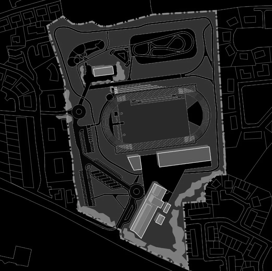 Site plan of a sports complex with a running track, football field, and surrounding infrastructure, shown in black and white.