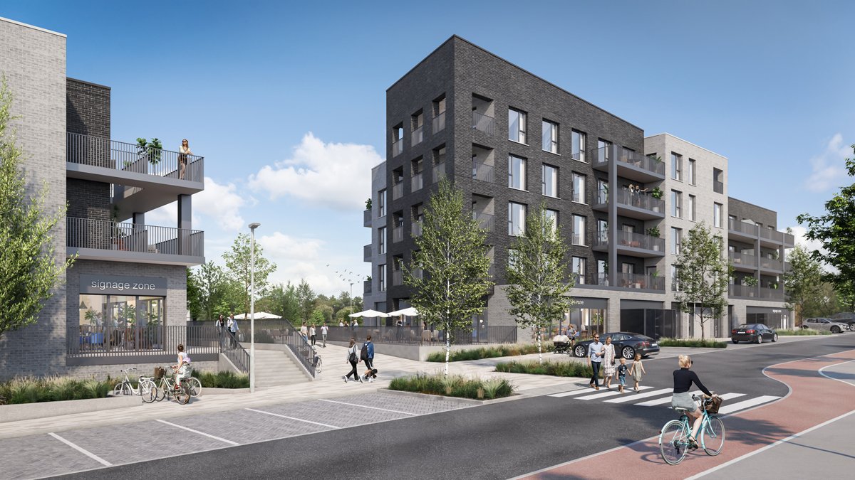 Modern multi-story apartment complex with outdoor seating, greenery, and people walking or biking in a city setting.