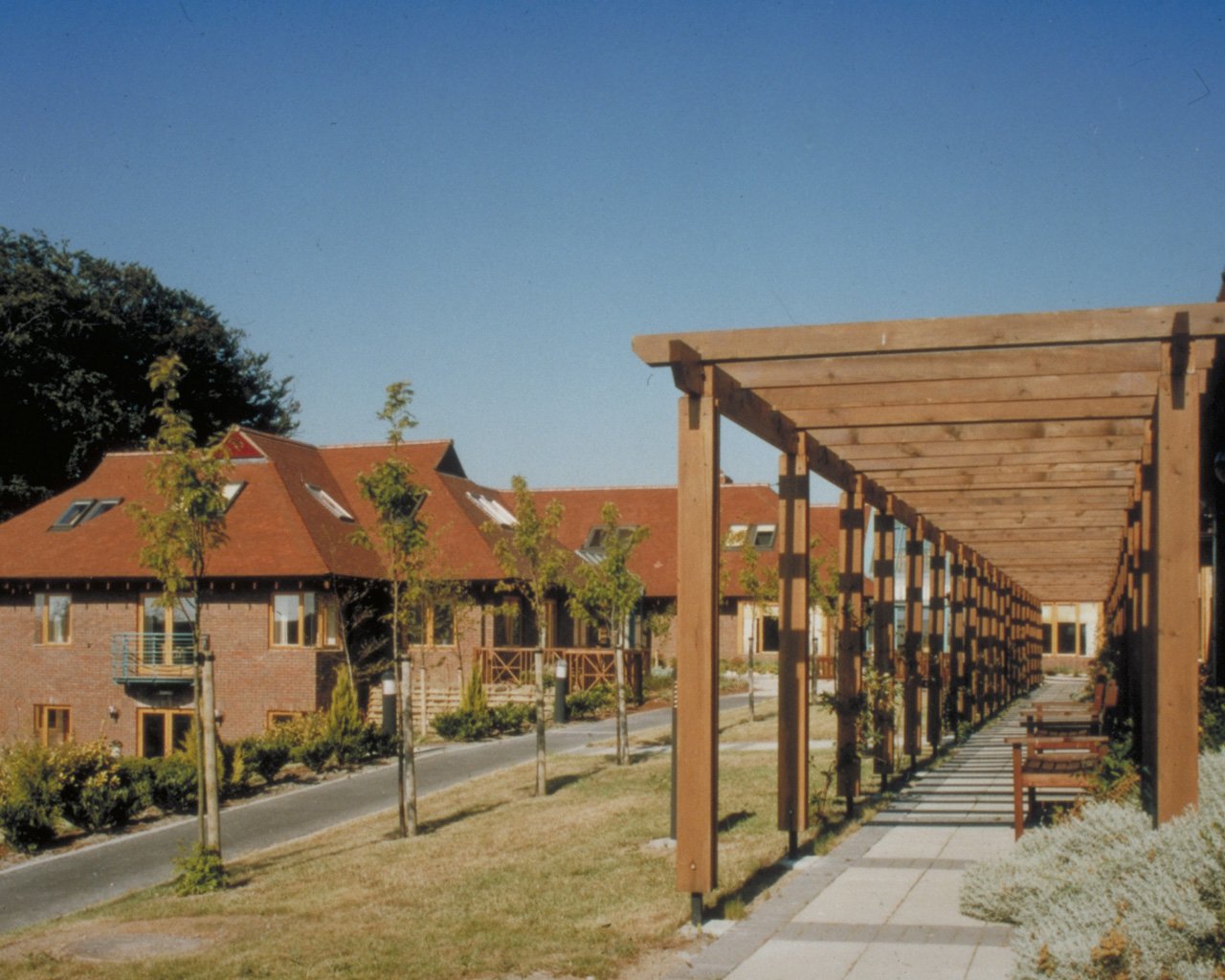 Residential apartment complex with brick buildings and red-tiled roofs, neighborhood with a pathway lined with young trees, and a wooden pergola structure covering a walkway.
