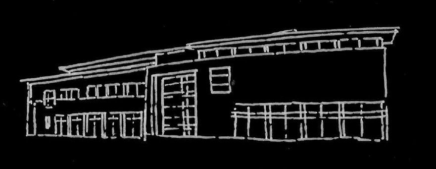 Line drawing of a modern, multi-level building with large windows and a sloped roof.