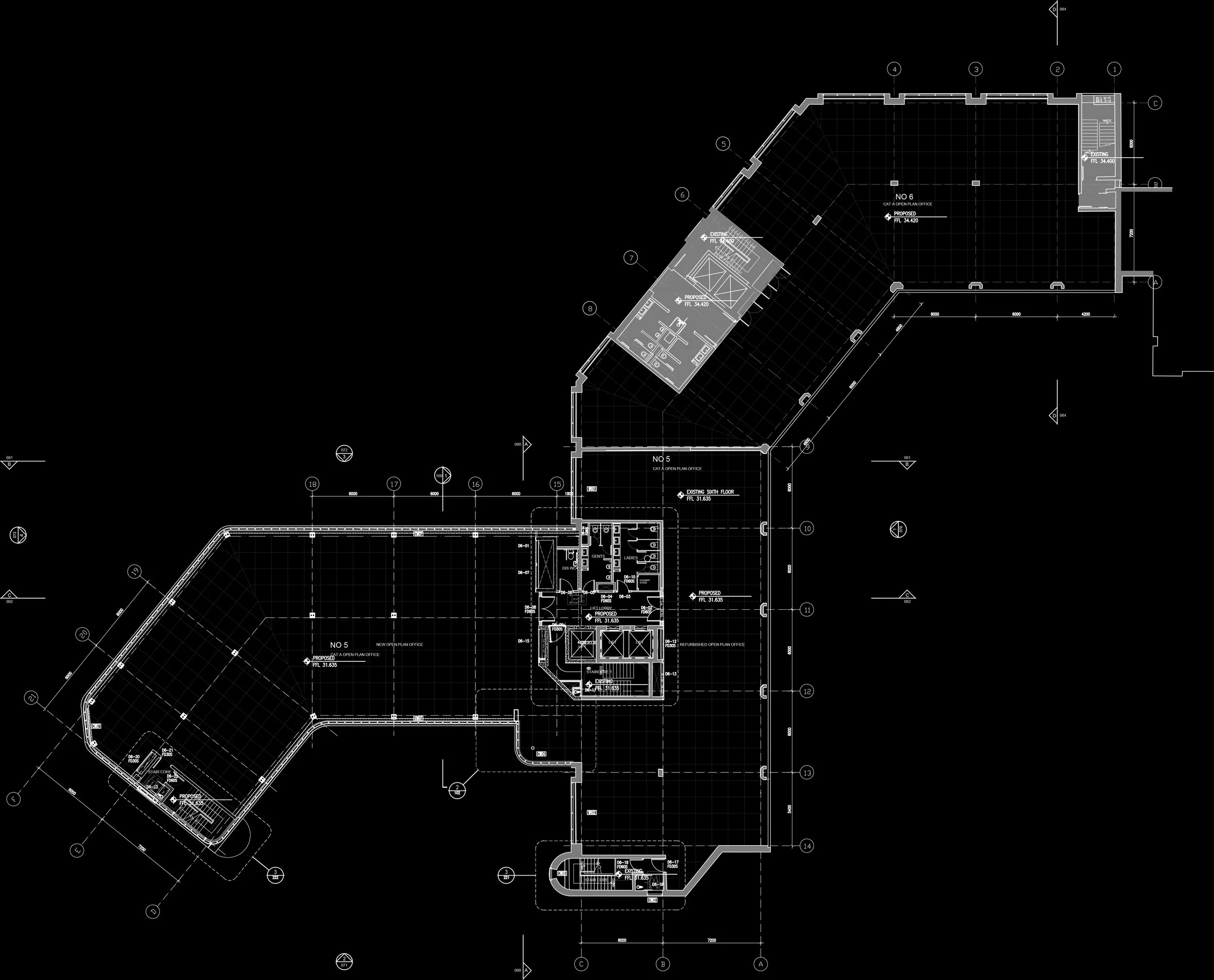 Architectural blueprint of a building's floor plan with various rooms, corridors, and structural details labeled.