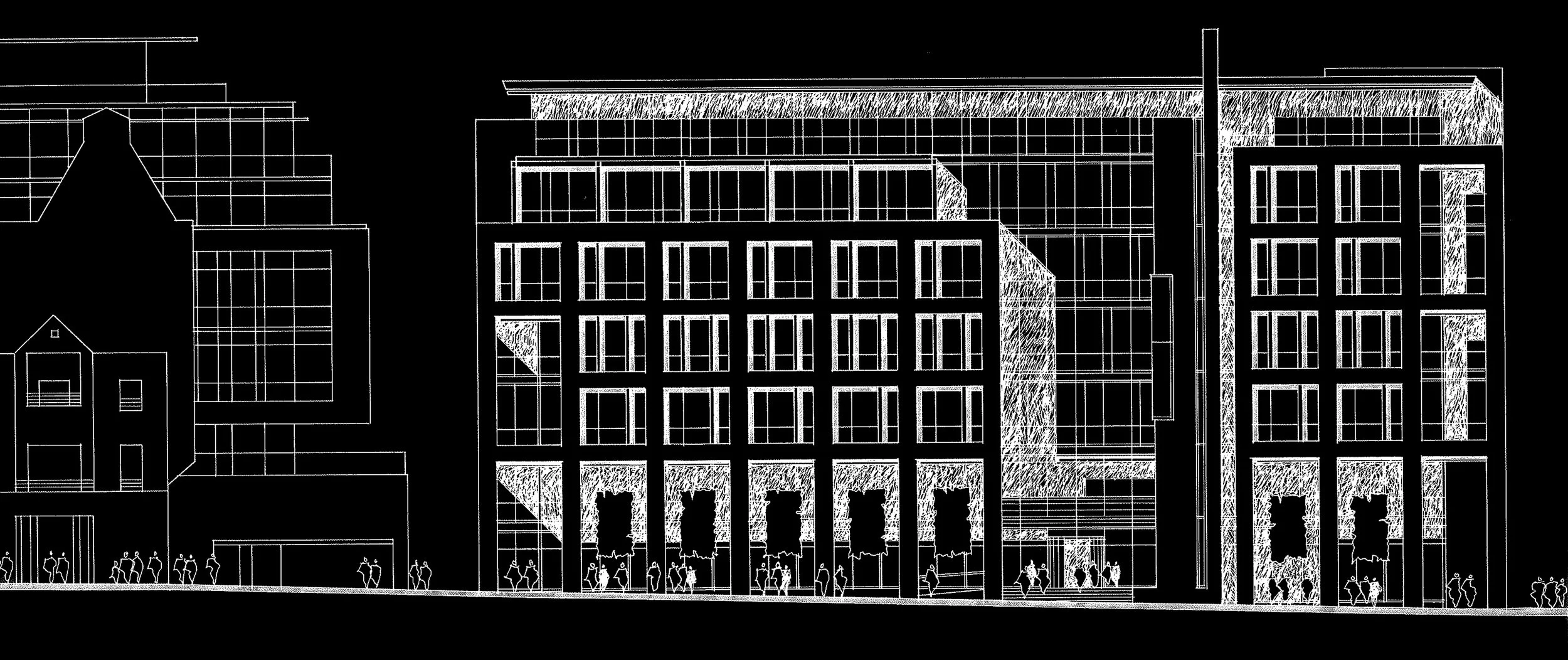 A digital architectural drawing of a multi-story building with several large windows, storefronts at the ground level, and people walking in front of it. The drawing is white lines on a black background.
