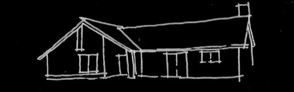 Line drawing of a house with a sloped roof, multiple windows, and a small flag on top.