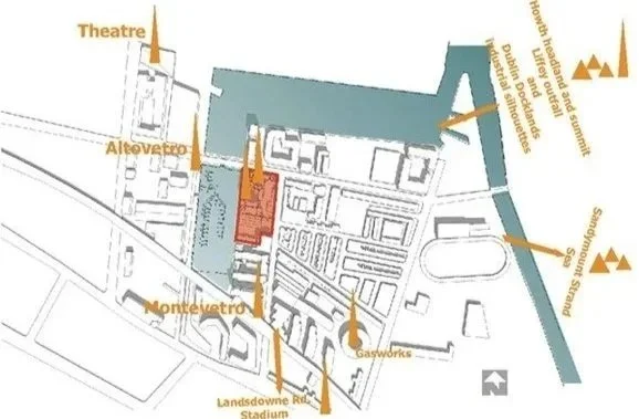 Map of a festival ground showing stages named Theatre, Altovetro, Montevetro, Landsdowne Road Stadium, and Gasworks, with pathways and a surrounding waterway, including Sadhorma Strand and a park with a mountain symbol.