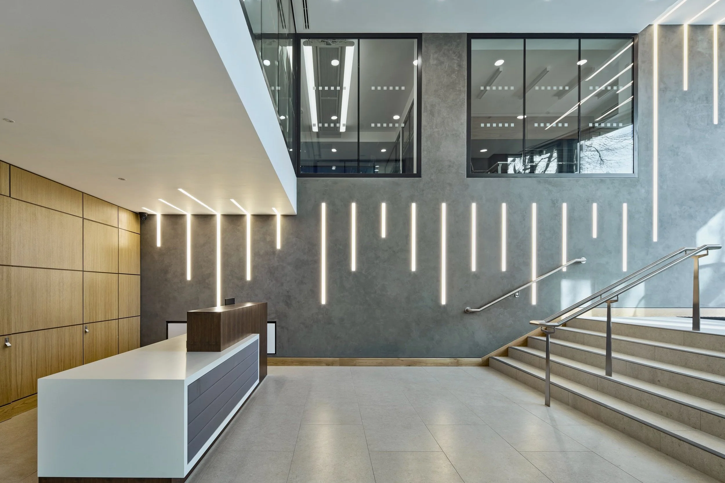 Refurbishment at One Haddington Buildings, with new entrance façade, full office refurbishment, atrium canteen area and reception area fit-out.