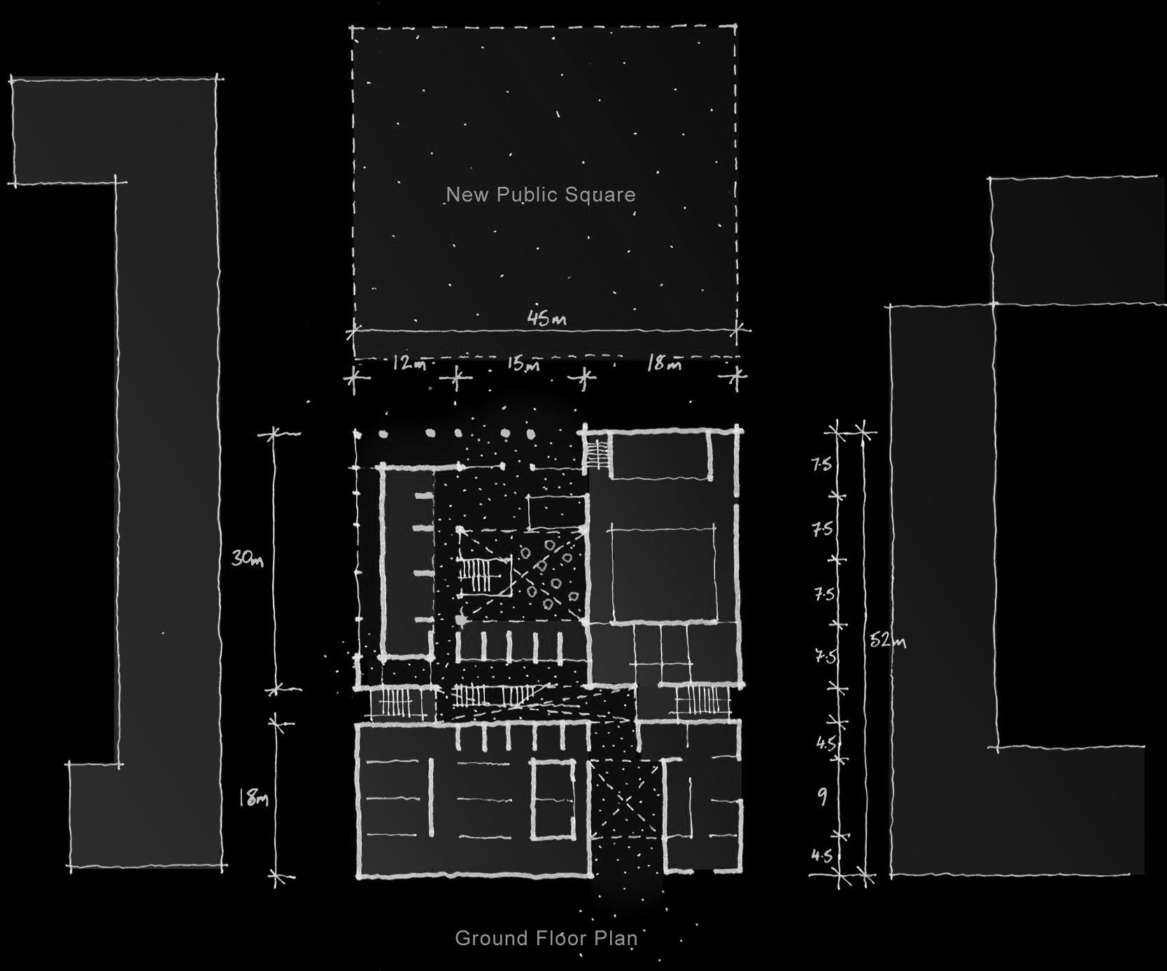 Architectural blueprint of a ground floor plan for a building, including measurements in meters, labeled sections, and a designated 'New Public Square' area at the top.
