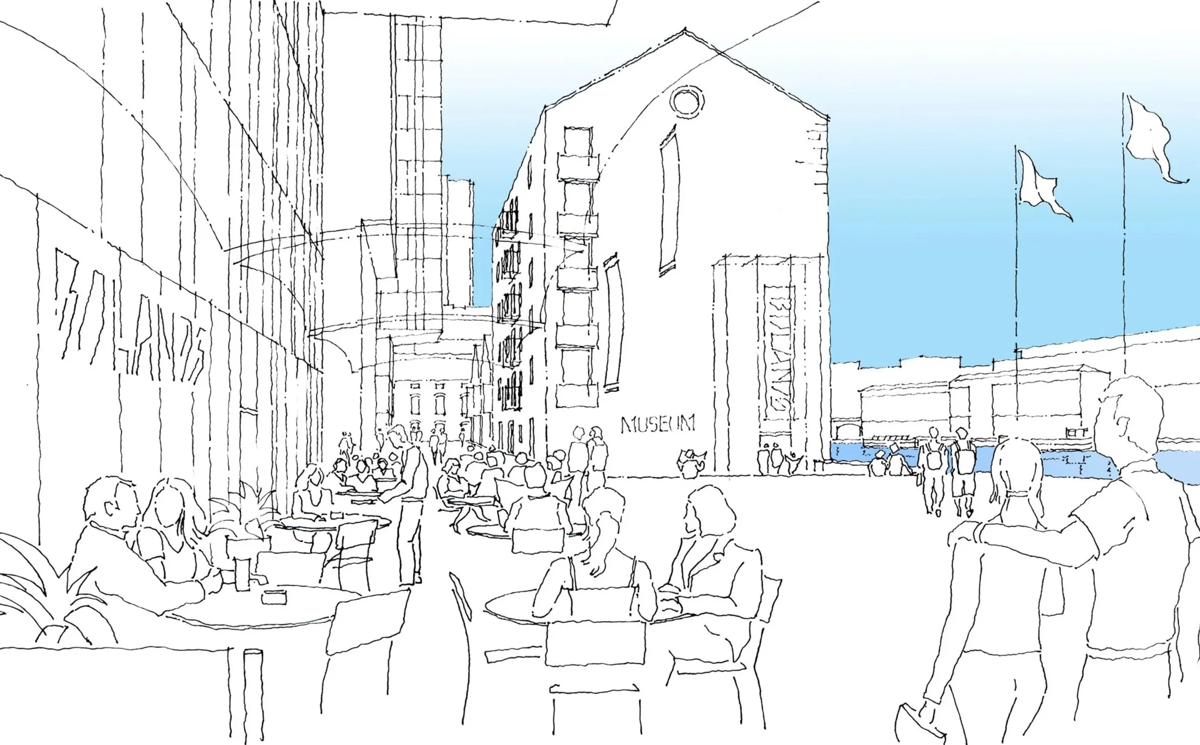 Line drawing of an outdoor city scene with people sitting at tables, walking, and standing near a building with a sign that says 'museum'. Tall buildings and flags are visible in the background, with a clear sky.
