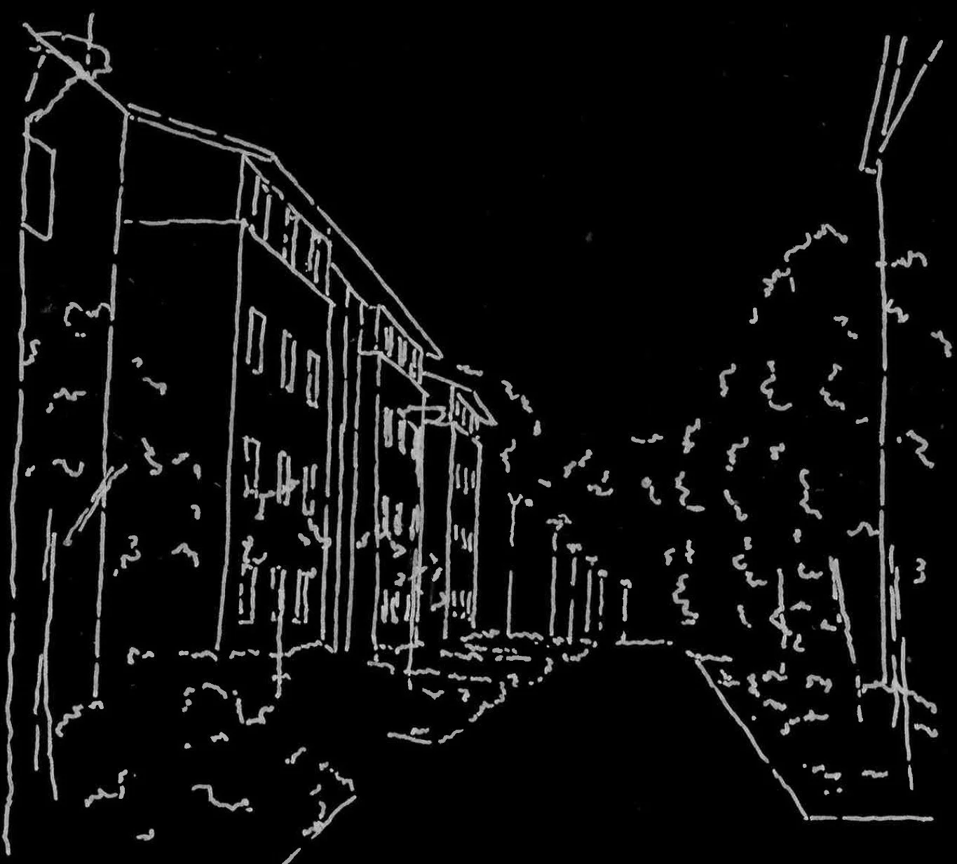 Line drawing of a street scene at night with buildings and trees.