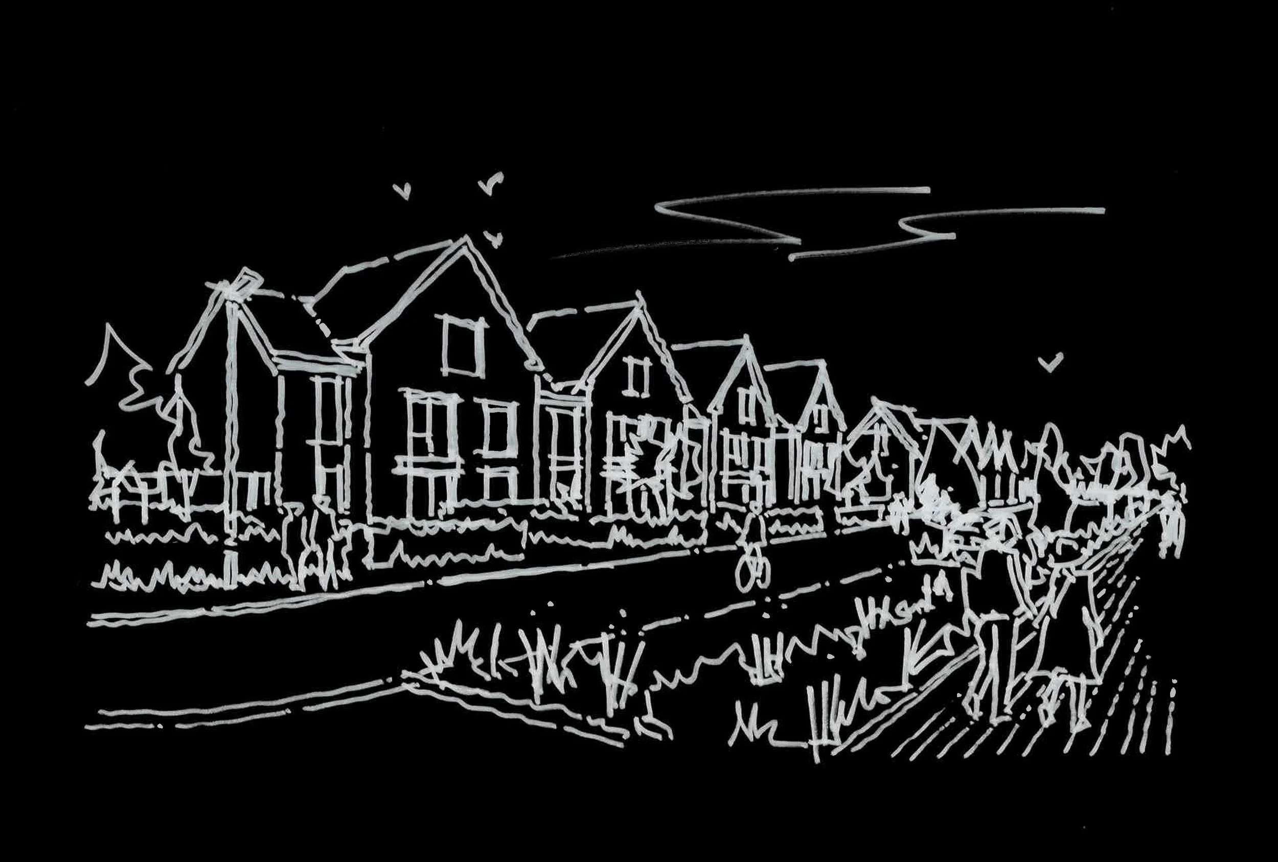 Line drawing of a row of houses in a suburban neighborhood, some people walking and riding bicycles outdoors, with trees and a cloudy sky in the background.