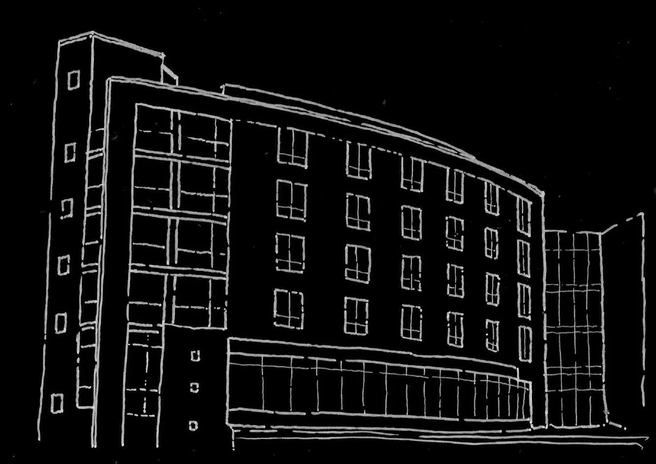 Architectural line drawing of a modern multi-story building with rectangular windows and a curved facade.