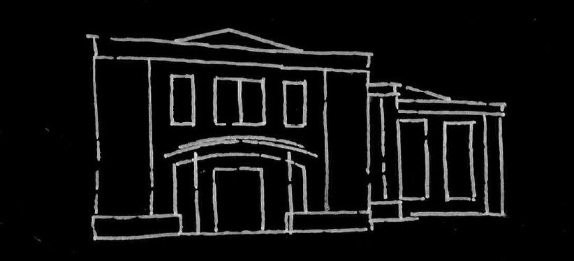A white line drawing of a two-story building with multiple windows and an arched entrance on a black background.