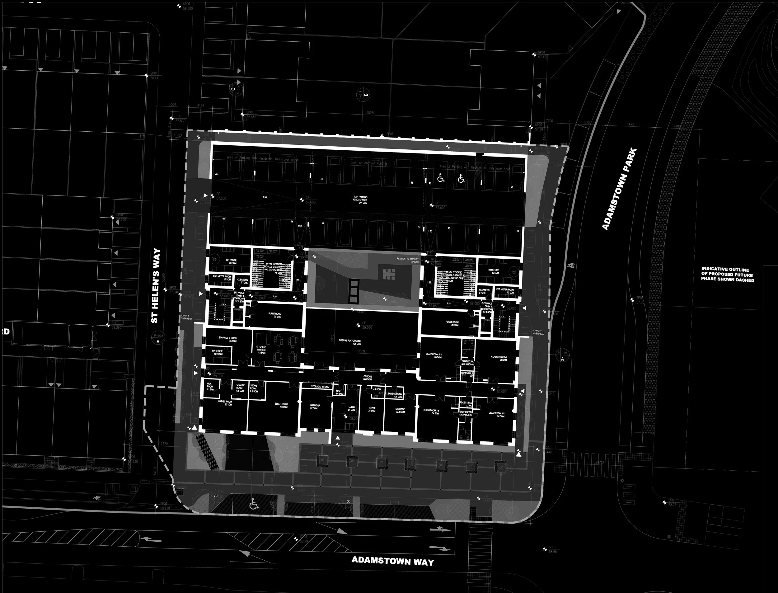 Black and white architectural blueprint of a building with parking areas labeled for accessibility, surrounded by streets named St. Helen's Way and Adamstown Way, with landscaping features and detailed room layouts inside.