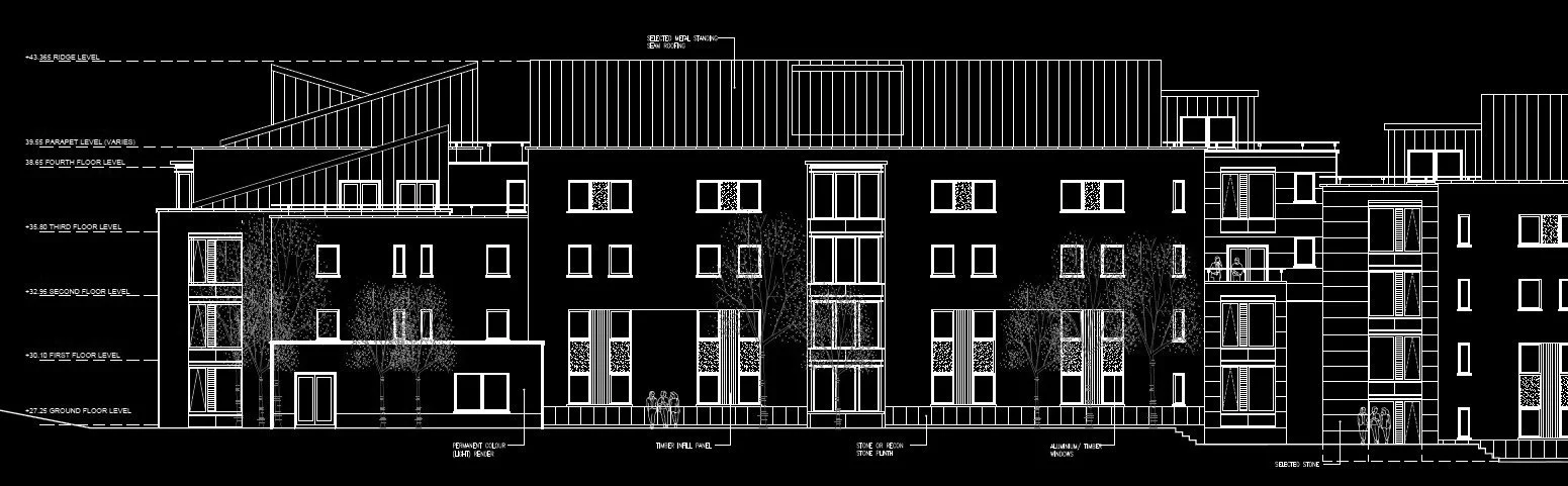 Architectural blueprint of a multi-story residential building with labeled floor levels, windows, trees, and structural elements.
