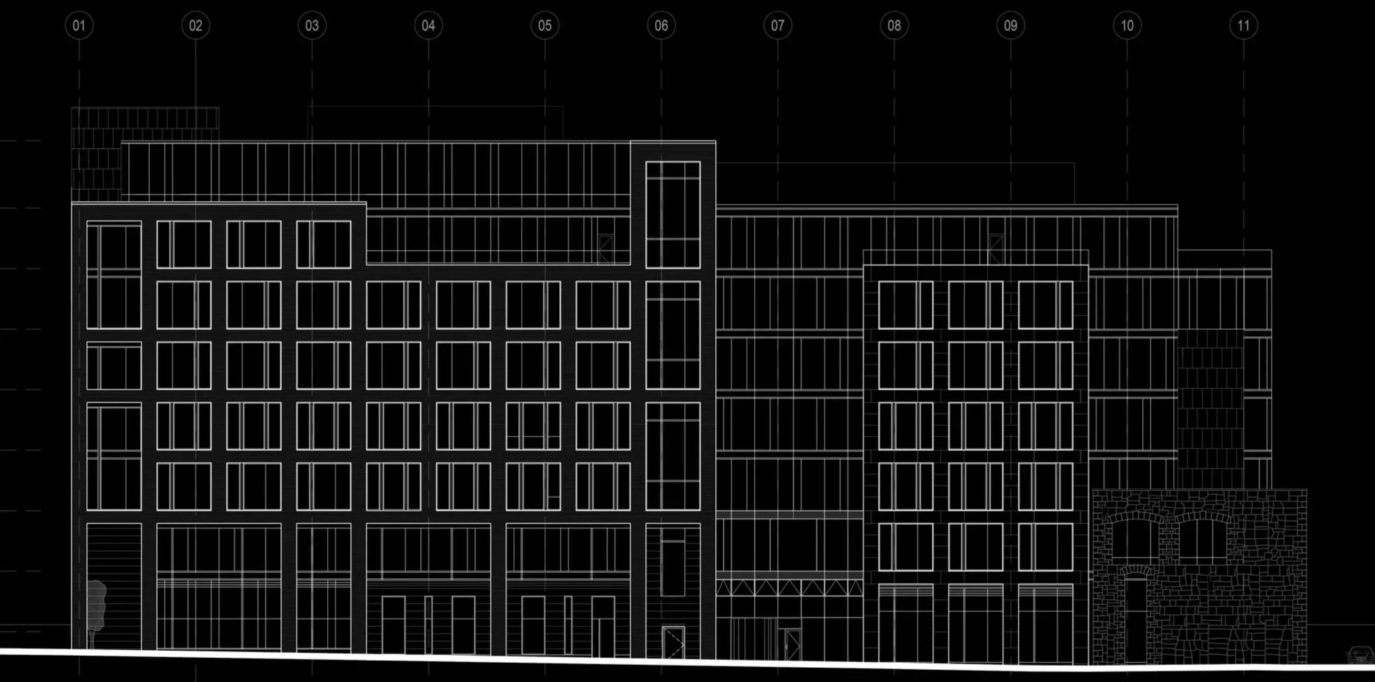 Line drawing of a modern multi-story building with large windows, a mixture of rectangular and arched entrances, and a brick arch feature on the right side, depicted in white lines on a black background.