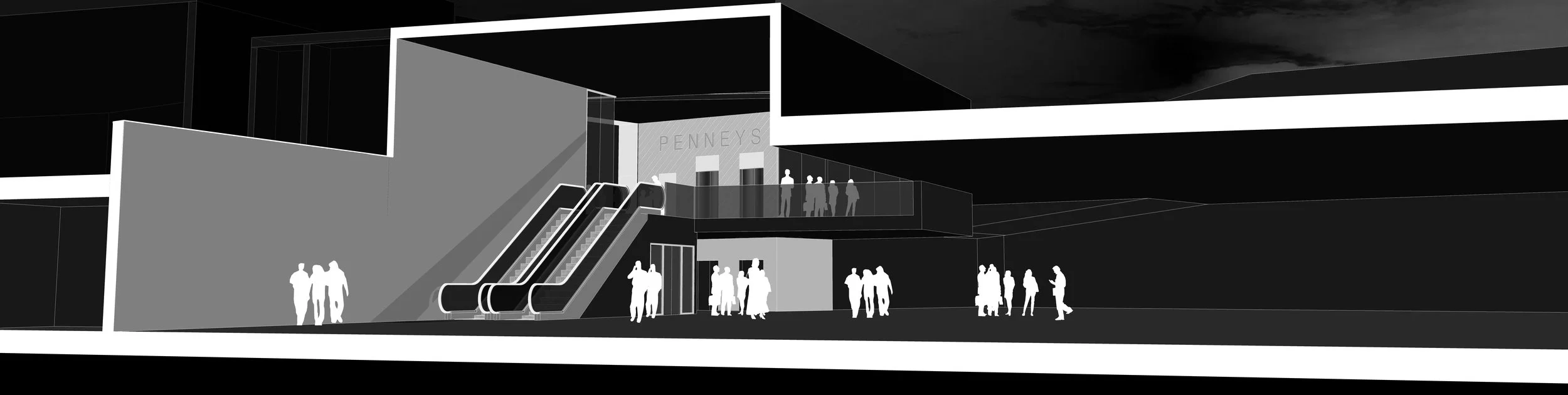 Black and white digital rendering of a shopping mall interior with escalators, multiple groups of people walking, and a storefront labeled "PENNEYS"