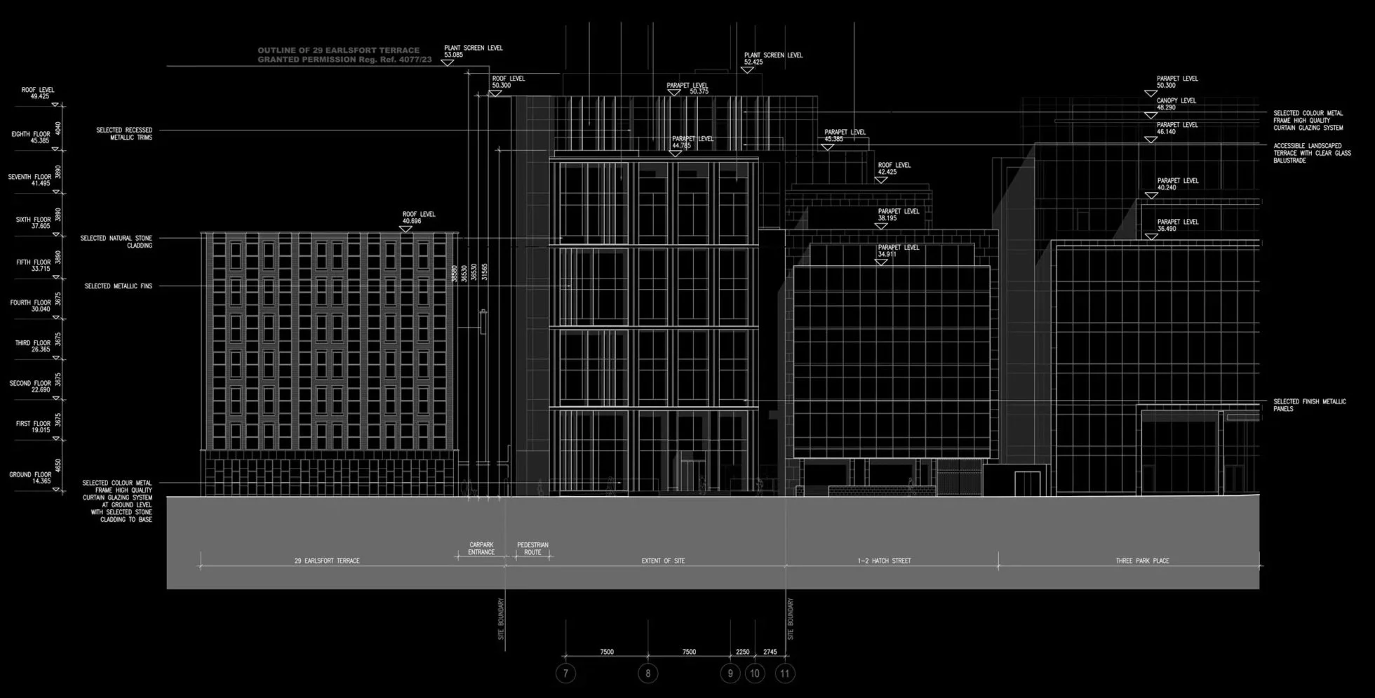 Architectural blueprint of a multi-story building with detailed measurements and annotations, including labels for various floors, roof levels, window and wall finishes, and site information.