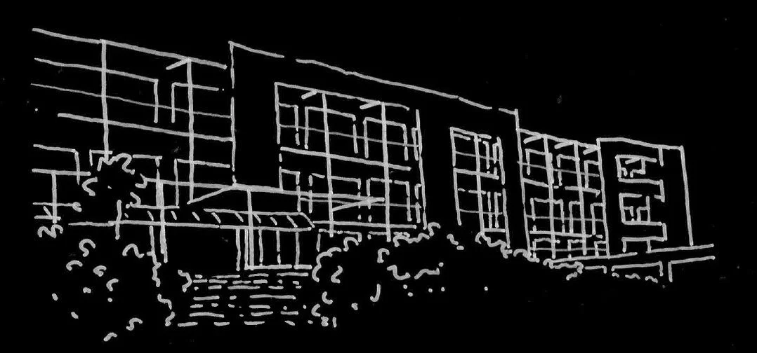 Line drawing of a modern multi-story building with large windows, surrounded by shrubs and bushes, on a black background.
