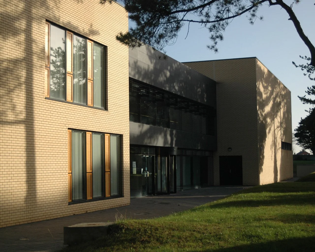 A modern building with beige brick walls, large windows, and shadowy trees cast shadows on the facade during sunset.
