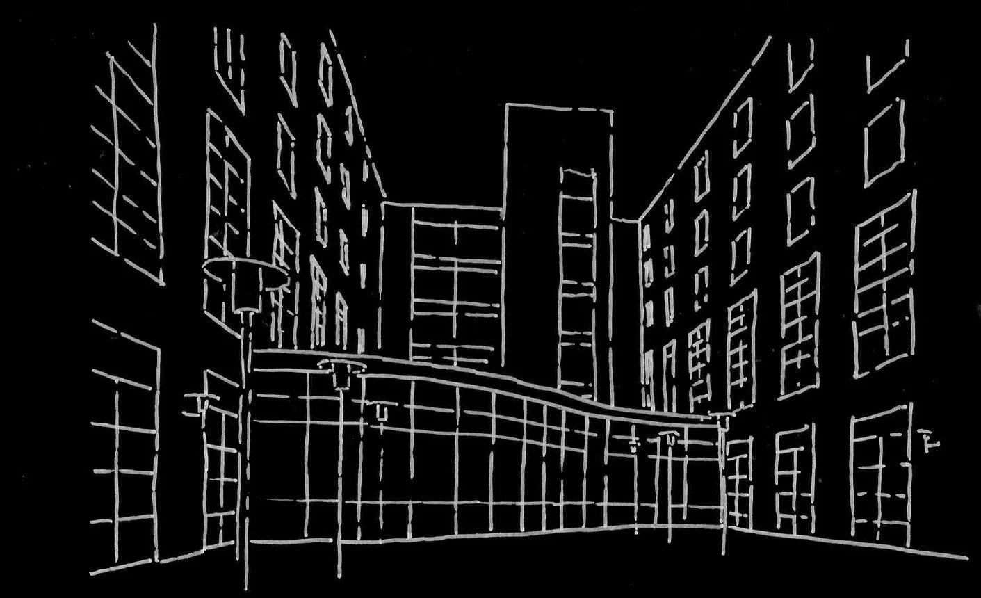 Line drawing of a cityscape with modern high-rise buildings against a black background.
