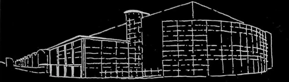 A white outline drawing of a modern multi-story building with glass facade on a black background.
