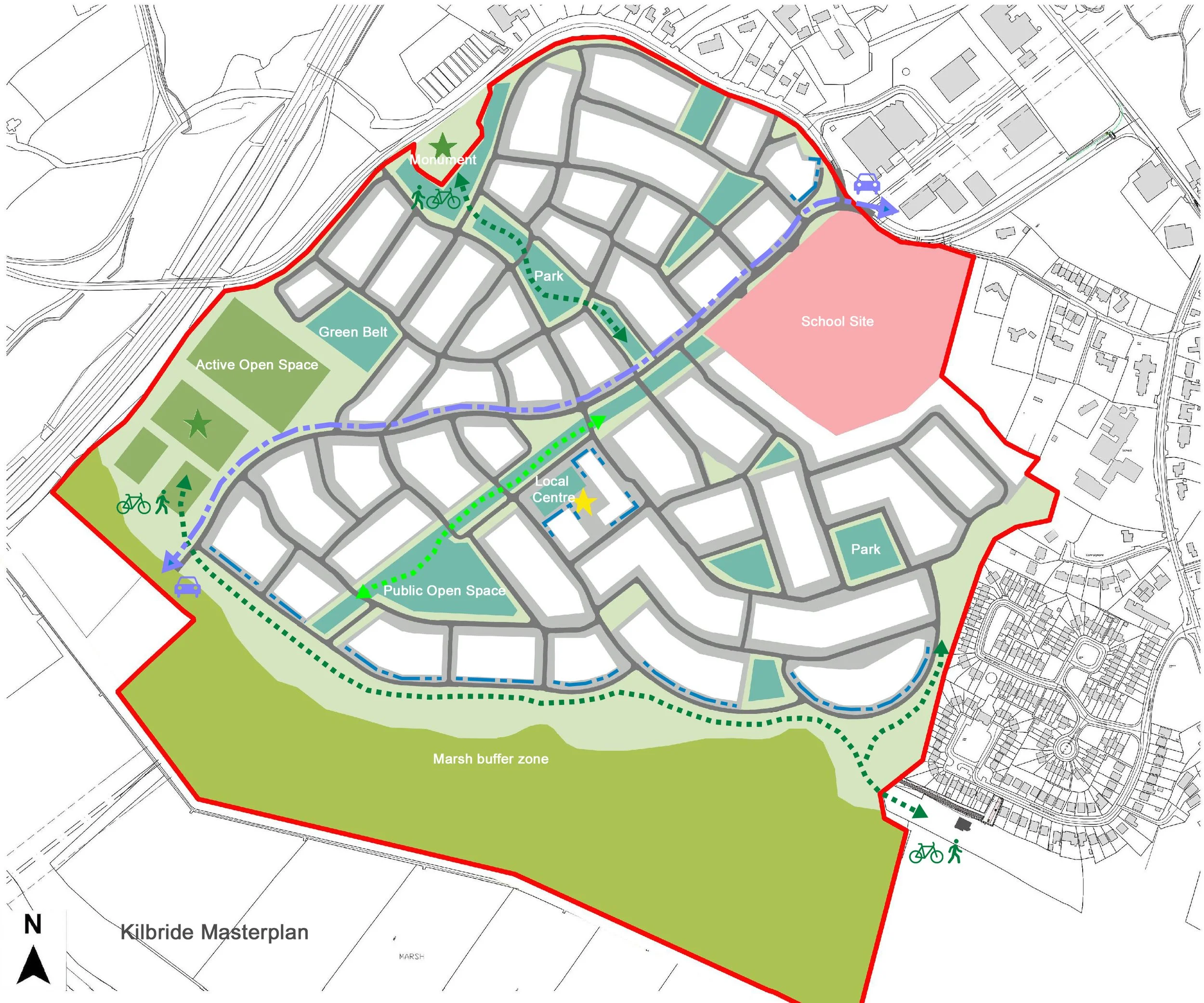 A detailed master plan map of a community showing parks, open spaces, a school site, marsh buffer zone, paths, and transportation routes.