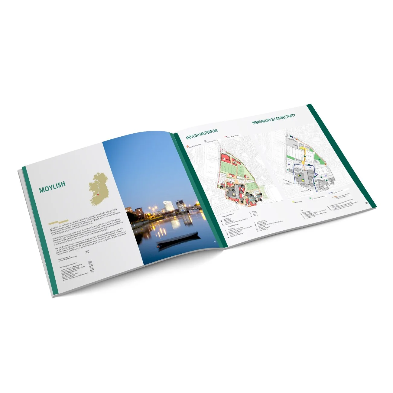 Open brochure about Moylish, Ireland, featuring a map and master plan diagrams, with a cityscape reflection at dusk on water.
