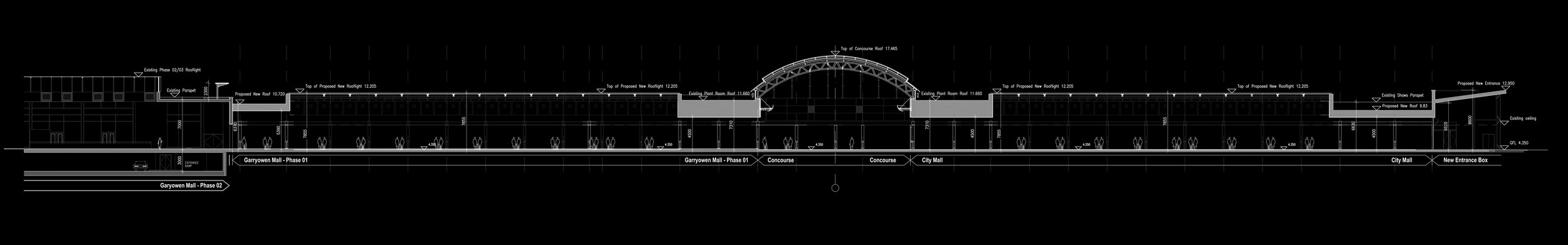 Blueprint or architectural drawing of a building's cross-section, showing different levels, roofs, and structural details.
