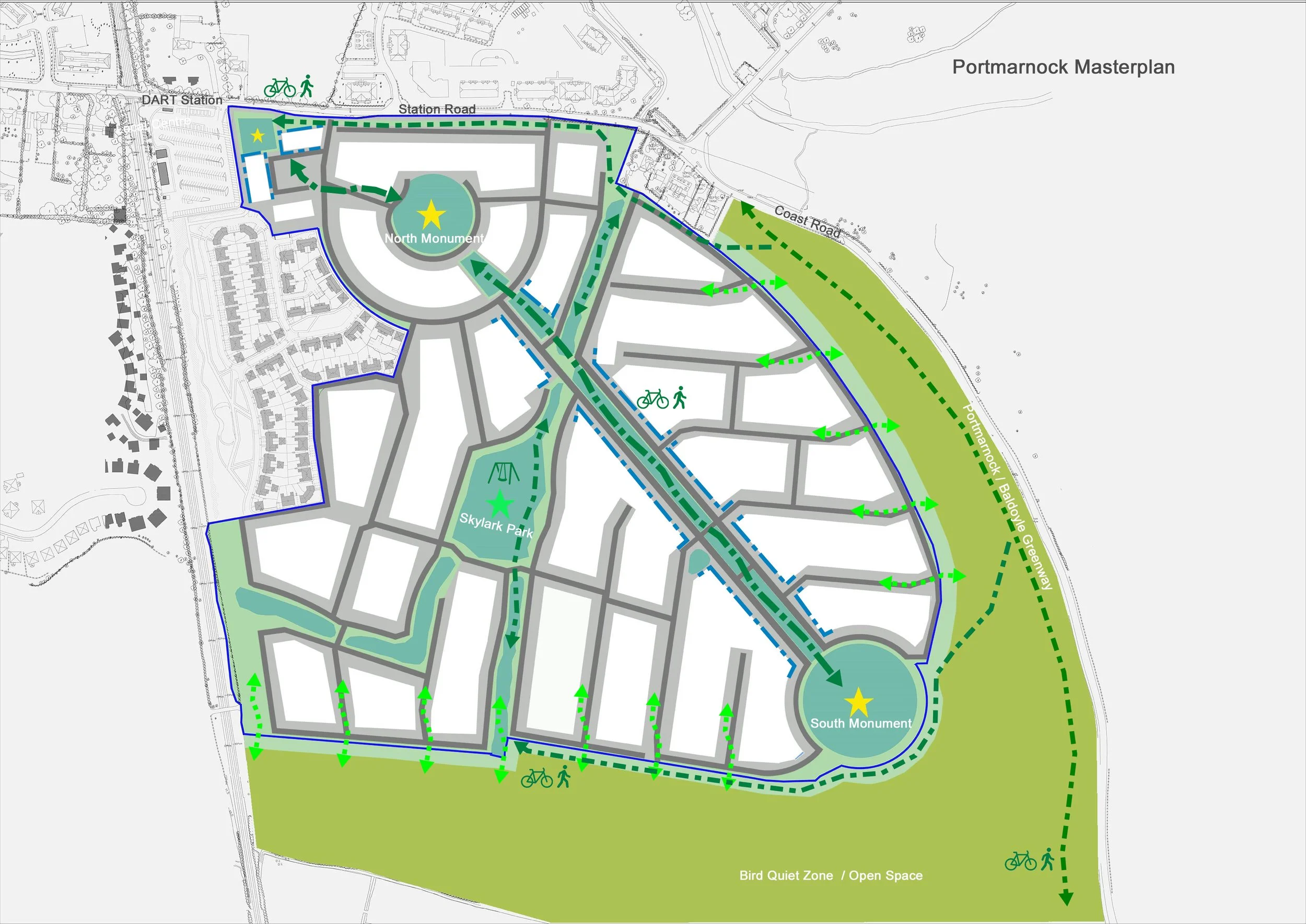 A detailed master plan of Portmarnock, showing streets, parks, monuments, cycling and pedestrian paths, with designated zones for bird quiet and open space.