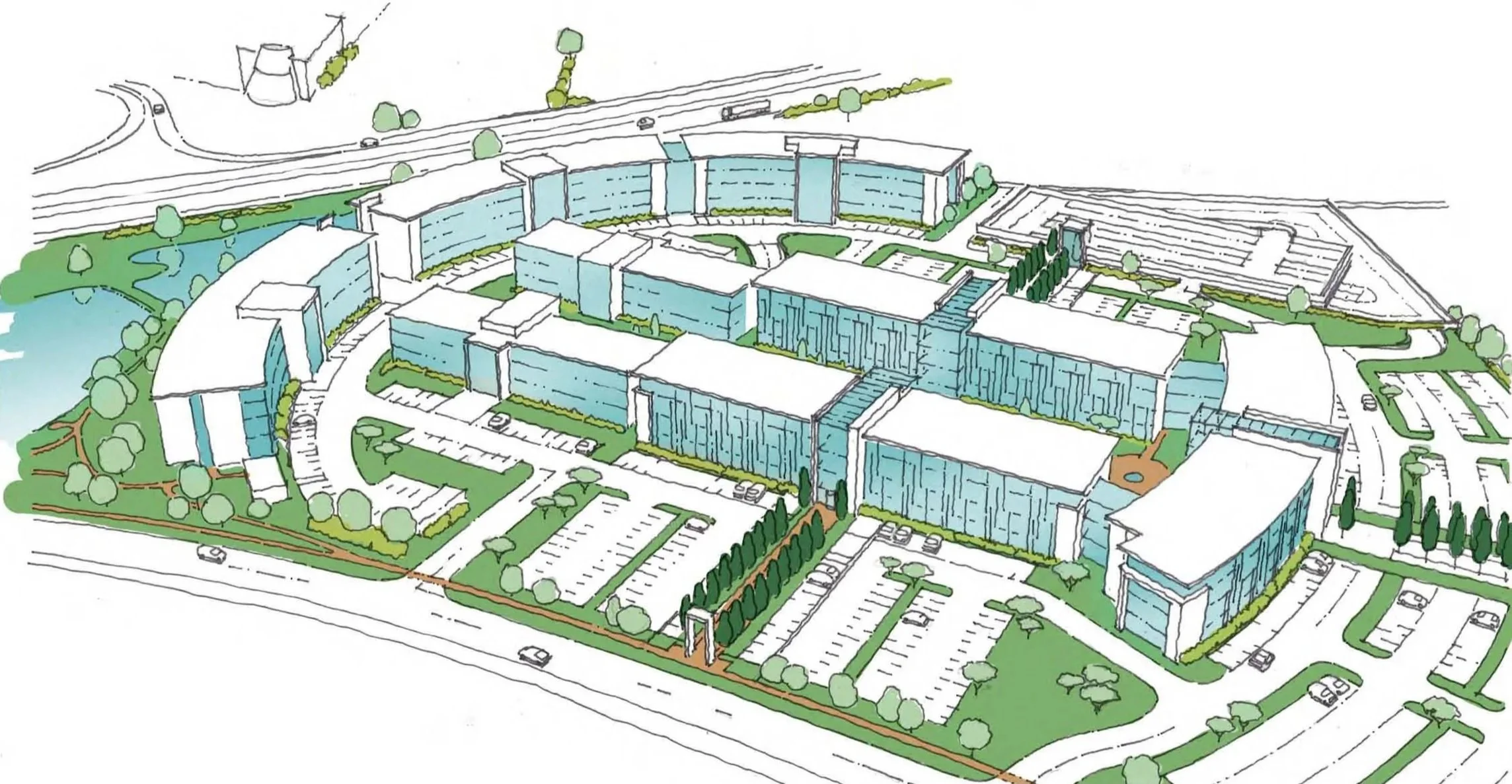 A colorful masterplanning illustration of a large modern office complex with multiple buildings, green lawns, trees, parking lots, and a small pond, viewed from above.