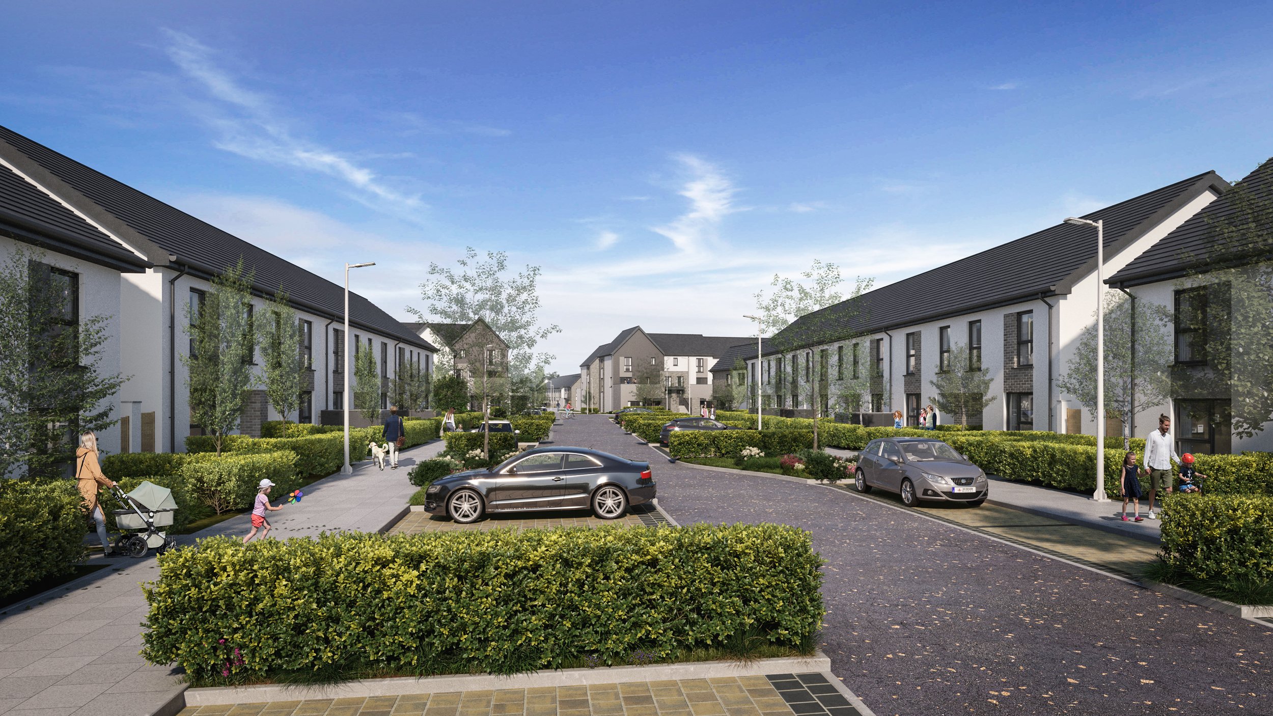 A modern residential neighborhood with two rows of white townhouses, a central street with parked cars, sidewalks, and families walking with children and dogs under a blue sky.