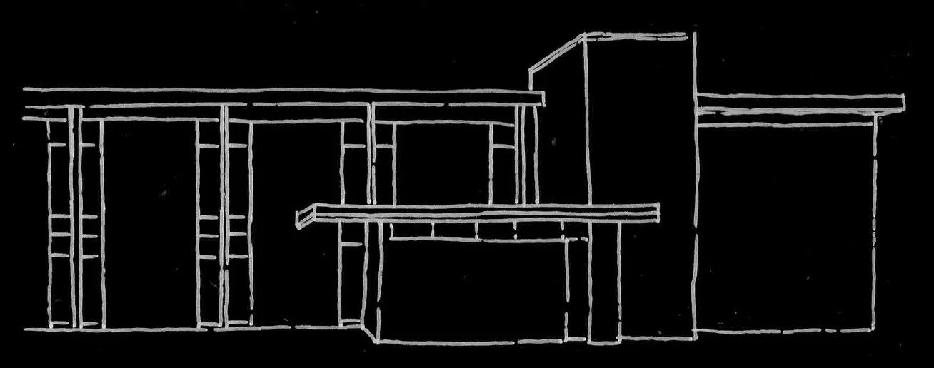 Line drawing of a modern multi-story building with large windows and a flat roof